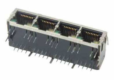 Modular Jack, RJ45, 4 Port, Single Row, Shielded, Side Entry,  w/ Bottom LEDs