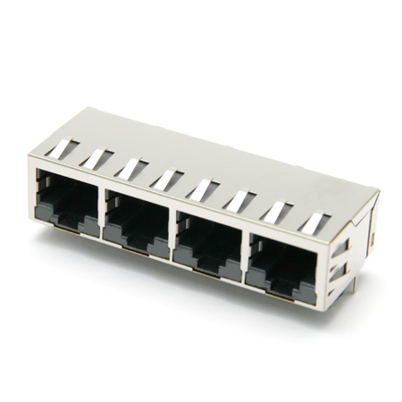 Modular Jack, RJ45, 4 Port, Single Row, Shielded, Side Entry