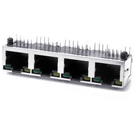 Modular Jack, RJ45, 4 Port, SingleRow, Shielded, Side Entry, With Spring Tabs (Top and Sides), With LED