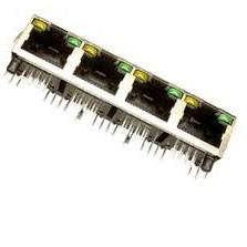 Modular Jack, RJ45, 4 Port, SingleRow, Shielded, w/o Cneter Mounting Posts, w/LEDs