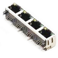 Modular Jack, RJ45, 4 Port, SingleRow, Shielded, with Center Mounting Posts, w/LEDs