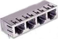 Modular Jack, RJ45, 4 Port, Single Row, EMP Spring Tabs on Top and Sides, 3.65mm Front Tabs, 3 Tabs in Rear of Connector