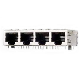 Modular Jack, RJ45, 4 Port, Single Row, Side Entry, EMI Spring Tabs on Top, Sides, and Bottom, 2 Rear Tabs