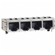 Modular Jack, RJ45, 4 Port, Single Row, Side Entry, EMI Spring Tabs on Top, Sides, and Bottom, 2 Rear Tabs