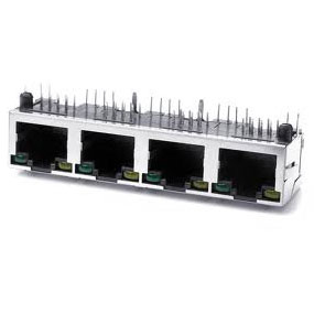 Modular Jack, RJ45, 4 Port, Single Row, Side Entry, EMI Spring Tabs on Top (5) and (1) on Each Side, 2 Rear Ground Tabs