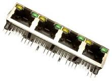 Modular Jack, RJ45, 4 Port, SingleRow, Shielded, Side Entry, With LED's, Spring Tabs on Top