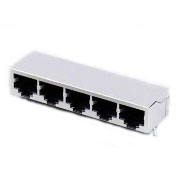 Modular Jack, RJ45, 5 Port, Single Row, Shielded, No Spring Tabs, 3.65mm Front Tab, 2 Rear Tab