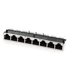 Modular Jack, RJ45, 8 Port, Single Row, Shielded, Side Entry, 4.57mm, EMI Spring Finger on Top, Sides & Bottom