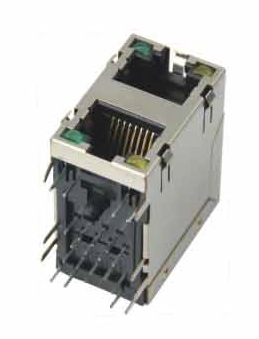 Modular Jack, RJ45, 2 Port, Double Row, w/ LED, w/ Panel Ground on Top and Sides (AMP Style)
