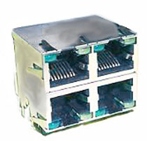 Modular Jack, RJ45, 4 Port, Double Row, w/ LED, w/ Panel Ground on Top and Sides (AMP Style)