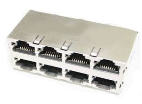 Modular Jack, RJ45, 8 Port, Double Row, Side Entry,  with Panel Ground on Top, Sides, and Bottom