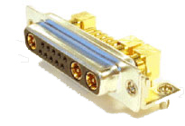 Combo Coax + Signal D-Sub Connector, Right Angle PCB Mount, Male Signal, Female Coax Contact